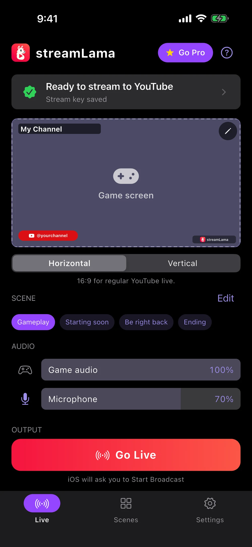 streamLama Live screen with a stream key added and the Gameplay scene chosen, ready to go live