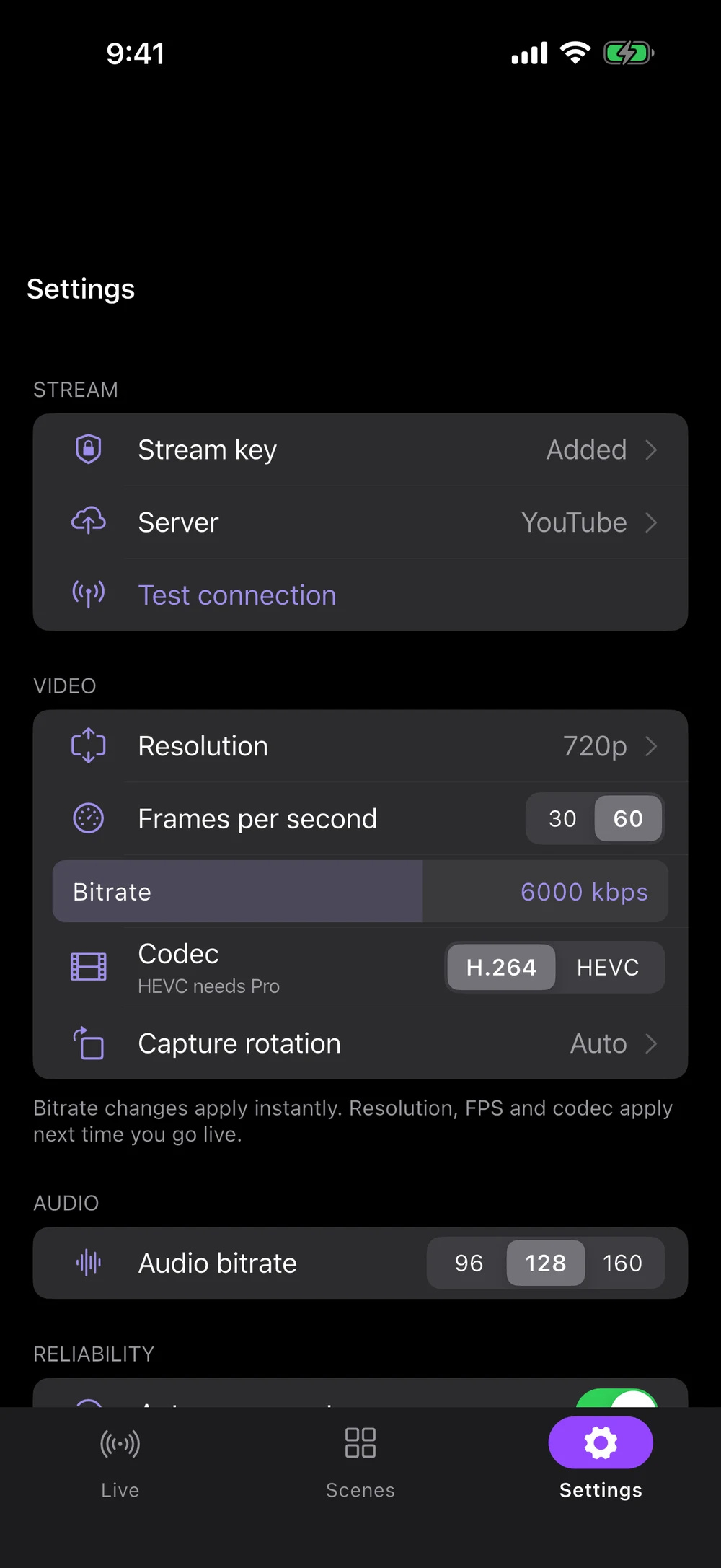 streamLama Settings with video quality options for resolution, frame rate and bitrate