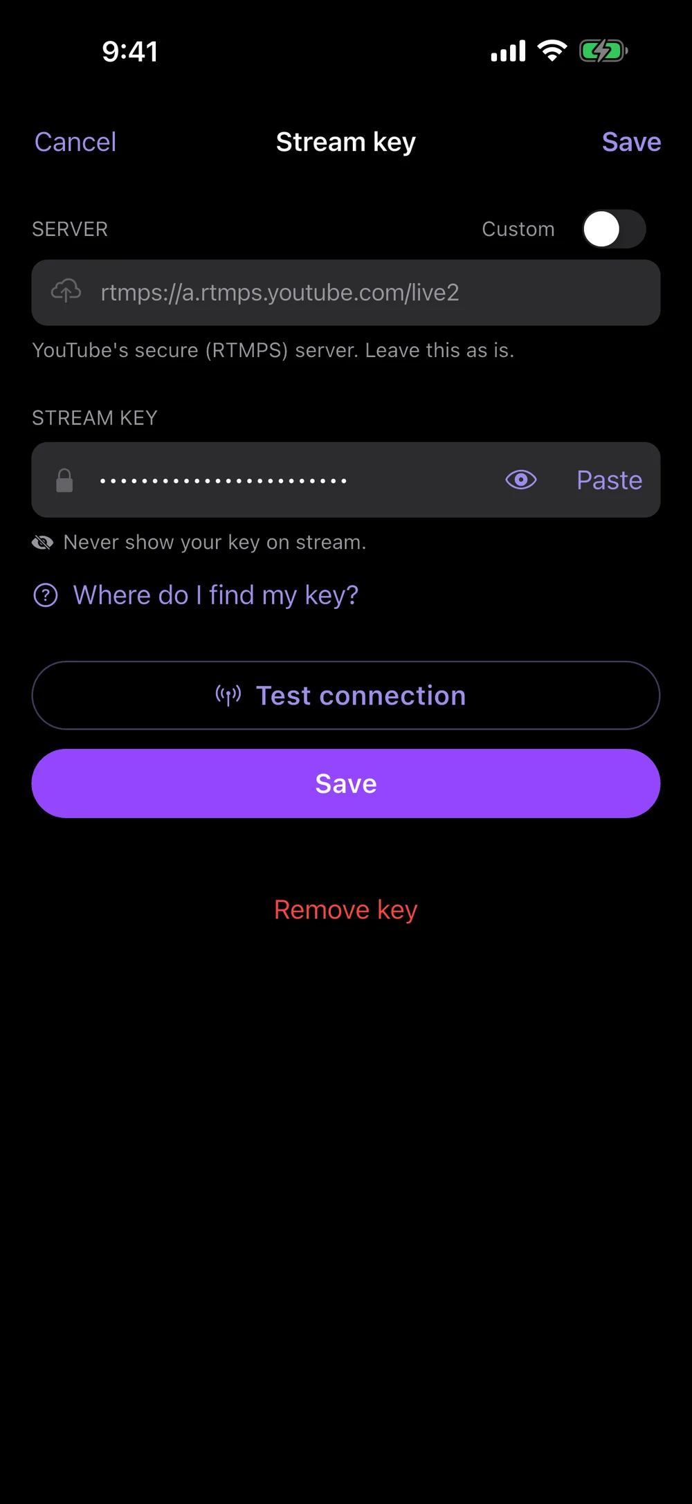 streamLama Stream key screen with a key pasted in and a Test connection button